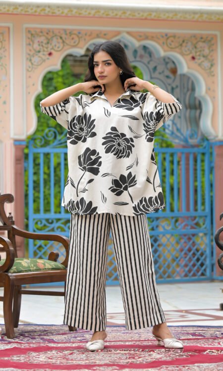 Black & Natural Oversized Floral Cord Set