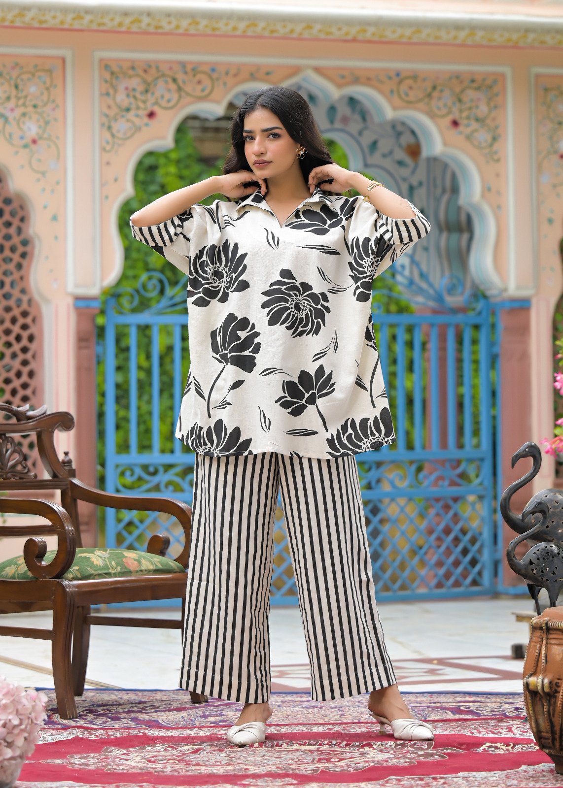 Black & Natural Oversized Floral Tunic Set