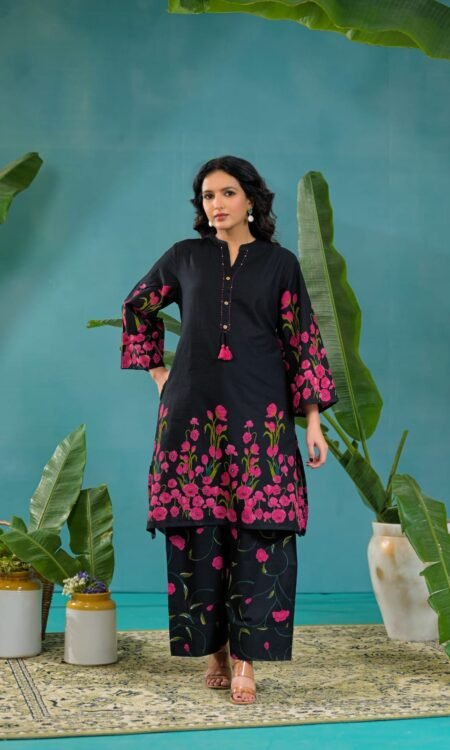 Classic Black with striking pink floral and green vine border Co-ord Set