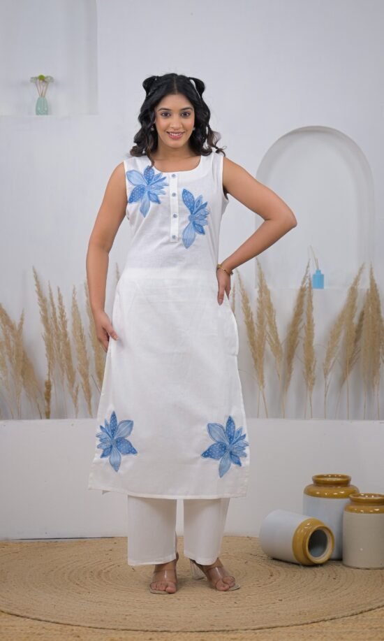 Cloud White Floral Applique work Co-ord Set