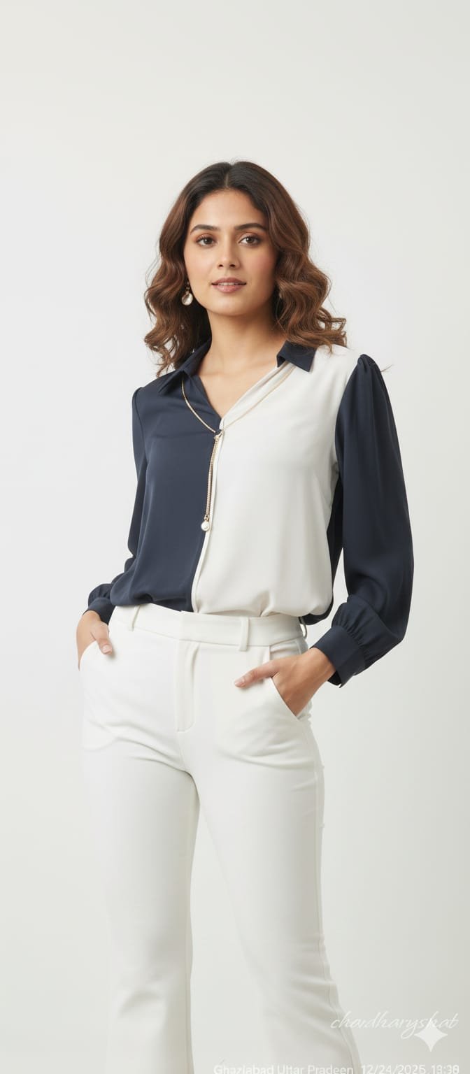 Colour-Block Pattern Satin Shirt (Teal & White) (1)