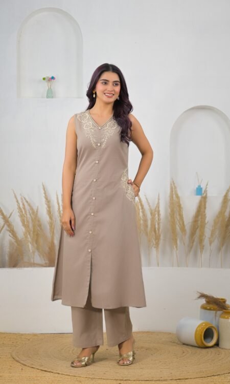 Dark Beige Embroidered Co-ord Set