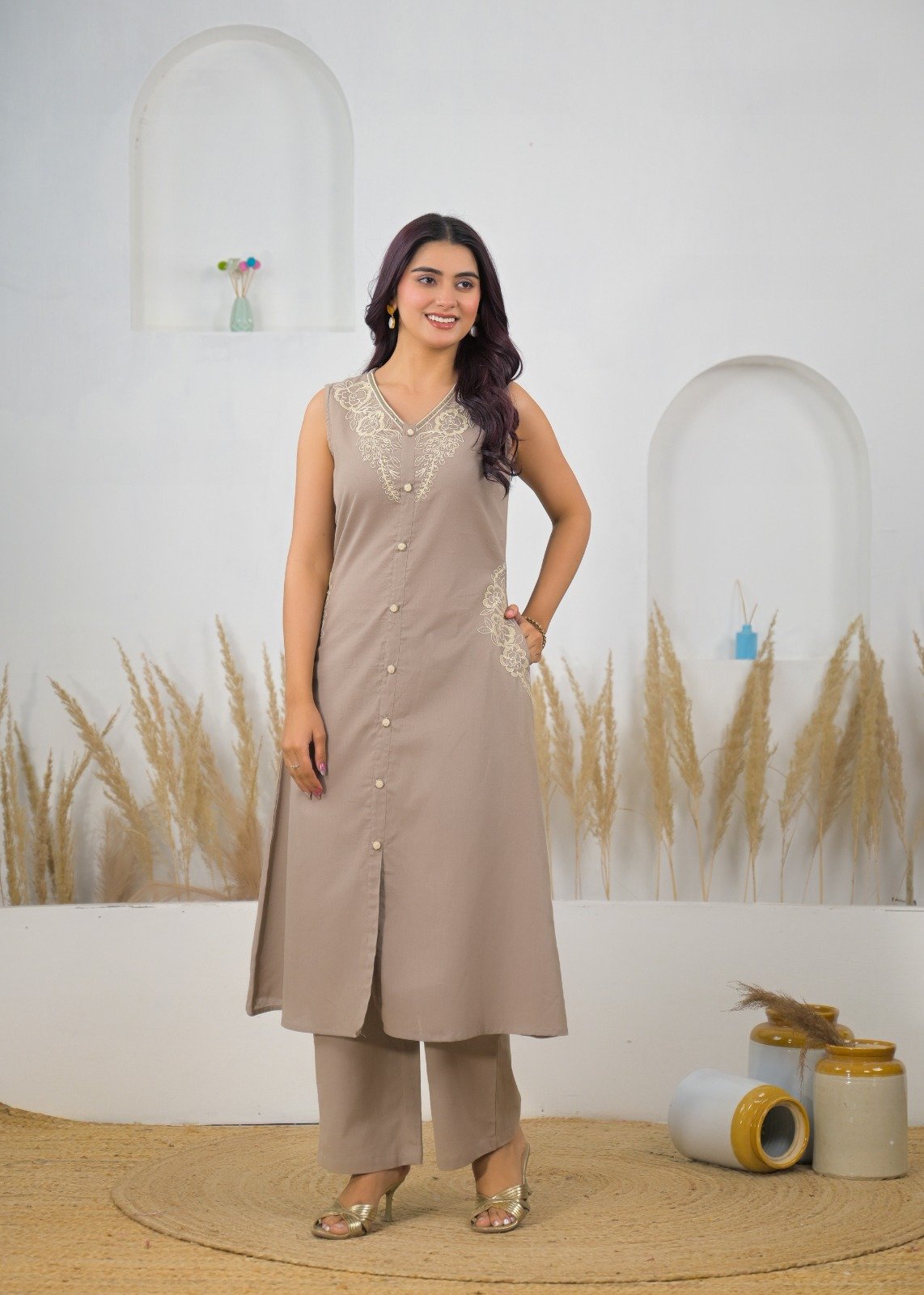 Dark Beige Embroidered Co-ord Set