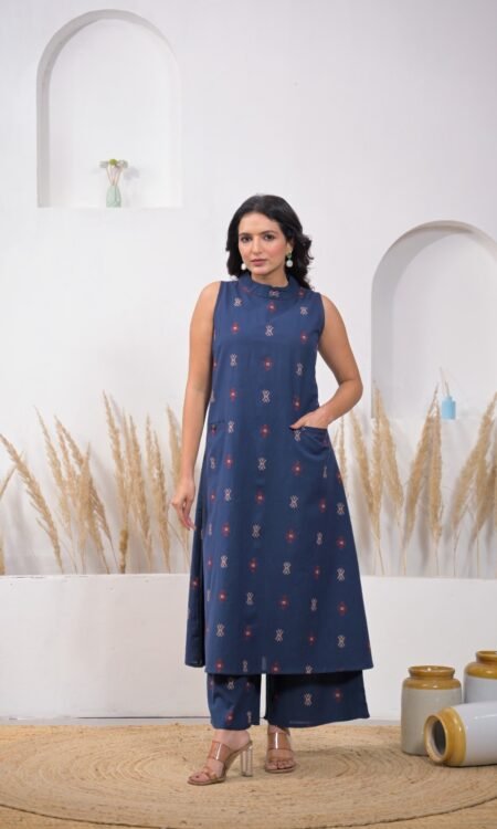 Deep Navy Blue Ikkat High Neck Kurta Set