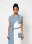 Denim Blue & White Sleeveless midi-length trench dress