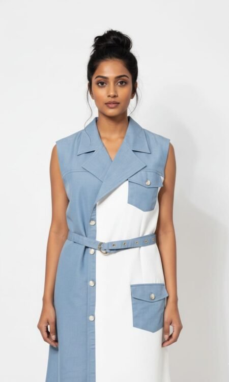 Denim Blue & White Sleeveless midi-length trench dress