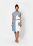 Denim Blue & White Sleeveless midi-length trench dress (2)