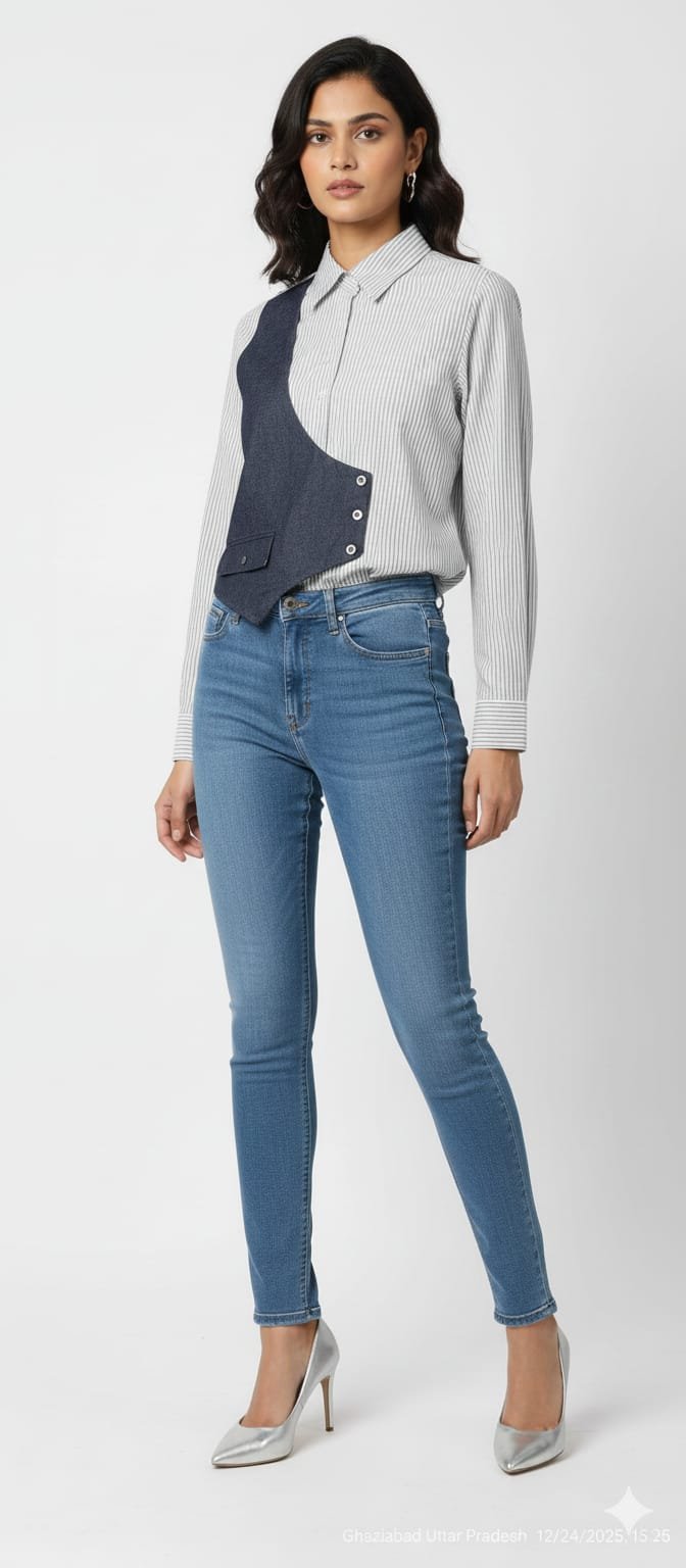 Grey & White Pinstriped Shirt with One Side Vest (2)