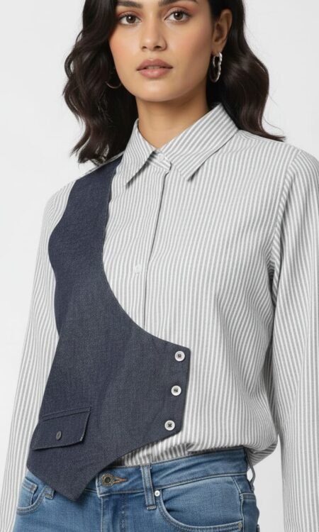 Grey & White Pinstriped Shirt with One Side Vest