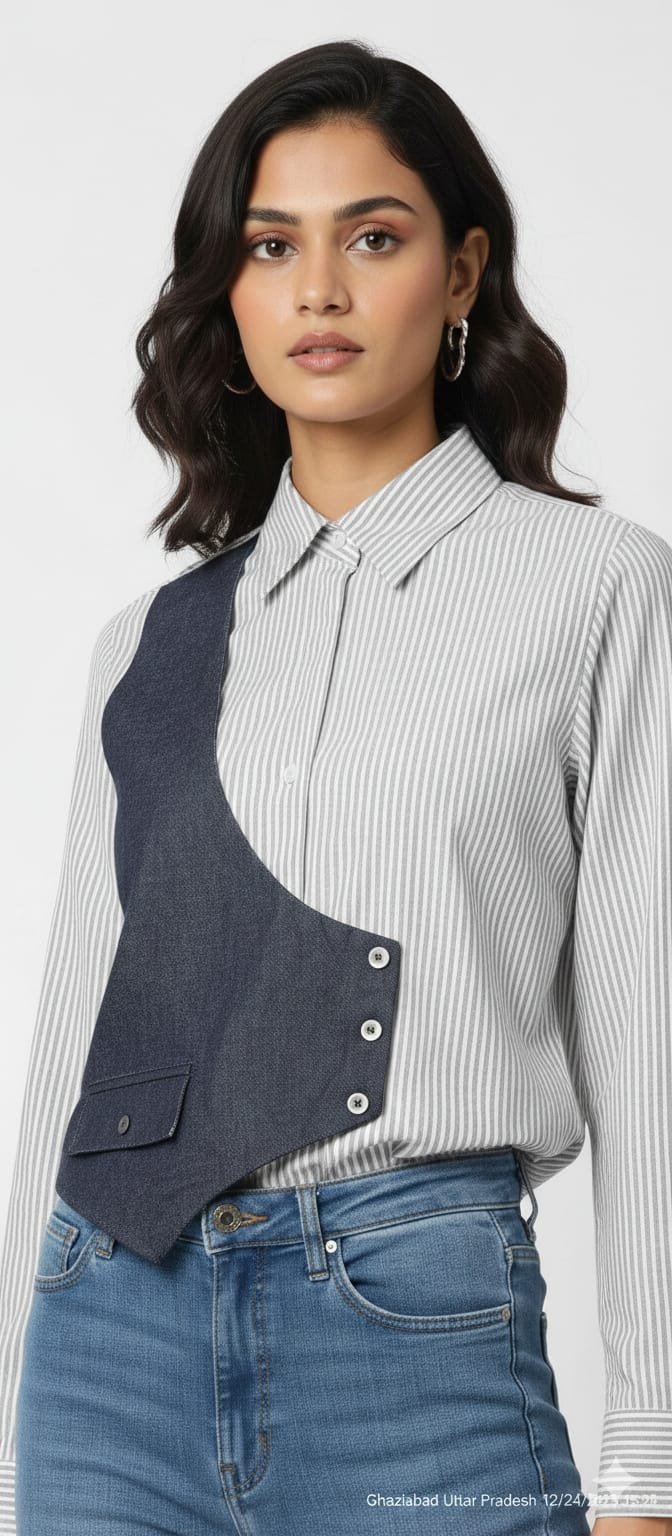Grey & White Pinstriped Shirt with One Side Vest (3)