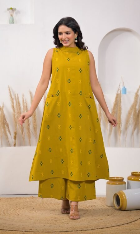 Mustard Yellow Ikkat High Neck Kurta Set