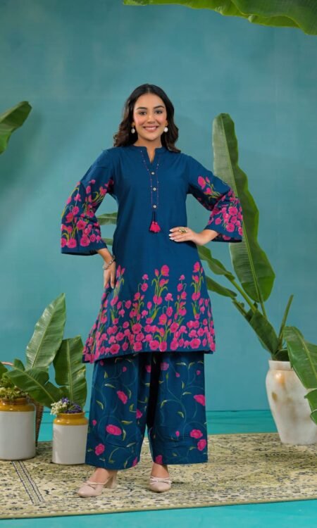 Teal Blue with striking pink floral and green vine border cord set