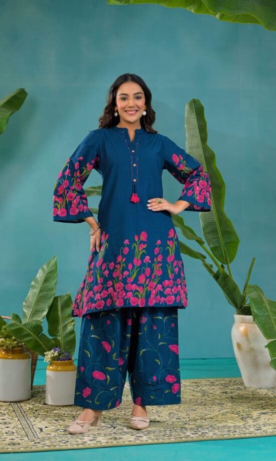 Teal Blue with striking pink floral and green vine border cord set