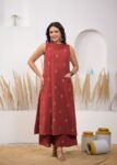 Terracotta Red Ikkat High Neck Kurta Set