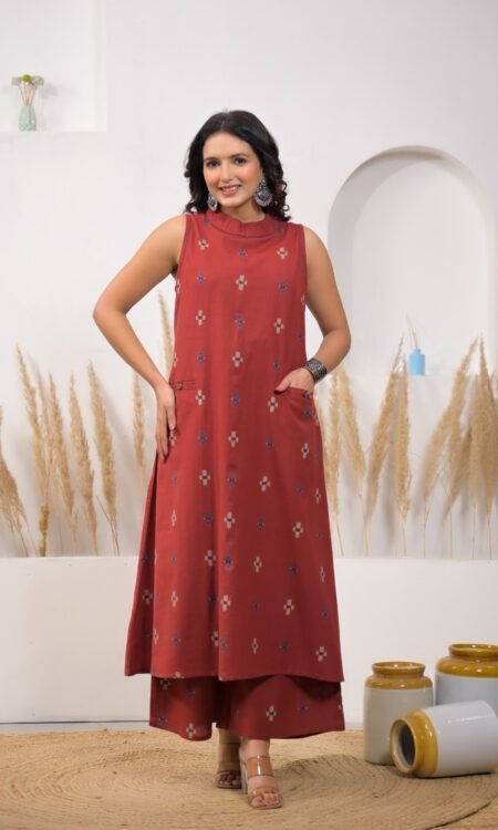 Terracotta Red Ikkat High Neck Kurta Set