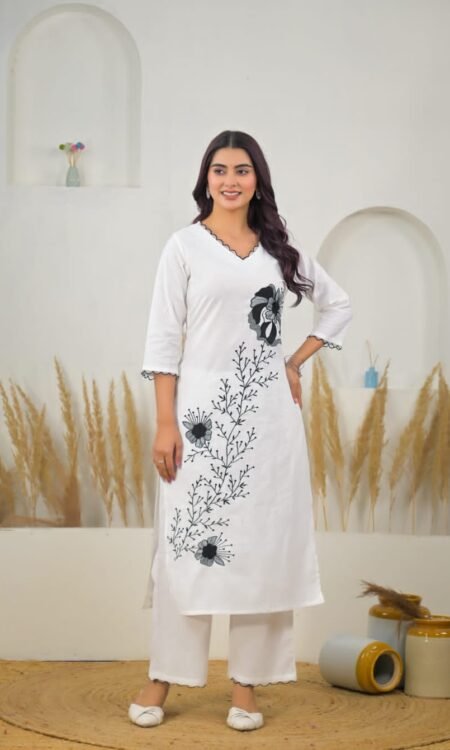 White Kurta Set with Scalloped V-neckline