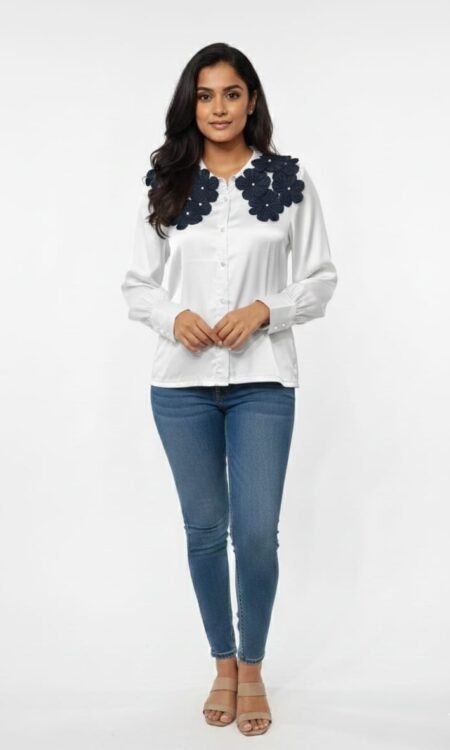 White Satin Shirt with hand-crafted floral collar arrangement (Detachable)
