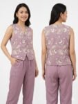 Dusty Mauve Embroidered V-Neck Vest & Trouser Set