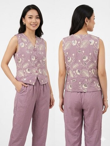Dusty Mauve Embroidered V-Neck Vest & Trouser Set