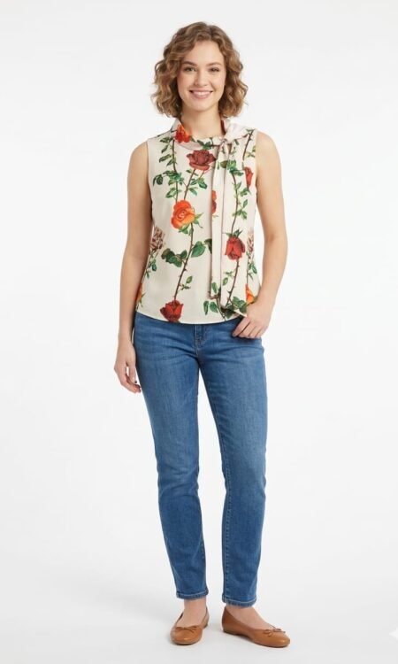 Rose Print Tie Neck Top