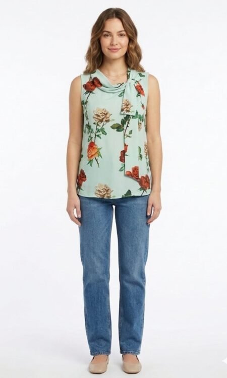Rose Print Tie- Neck Top