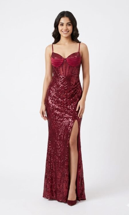 Elegant Wine Sequin Evening Gown