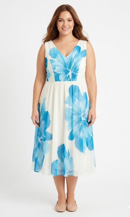 Oversized Floral Print Midi Dress-Blue