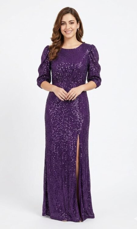 Purple Sequin Puff Sleeve Gown