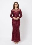 Wine Sequined Mermaid Gown with Illusion Neckline