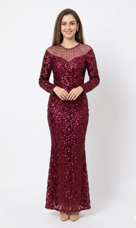 Wine Sequined Mermaid Gown with Illusion Neckline