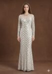 Radiant Silver Chevron Sequined Gown with Hand-Beaded Neckline