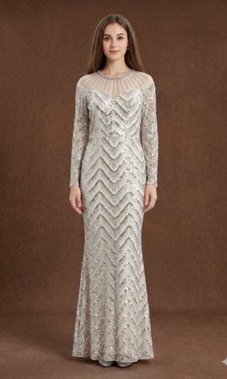 Radiant Silver Chevron Sequined Gown with Hand-Beaded Neckline
