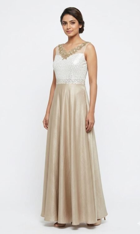 Shimmering Champagne A-Line Gown with Illusion Neckline and Criss-Cross Back