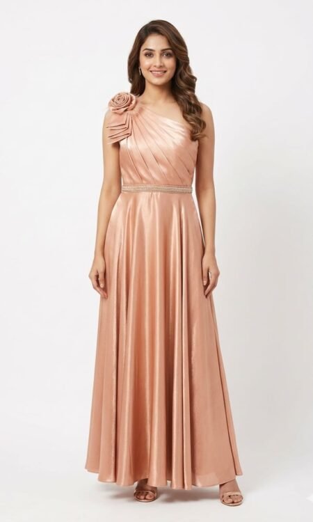 Peach One-Shoulder Shimmer Gown with 3D Rose Detail