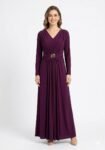 Wine Elegant Shimmering Maxi Dress with Golden Buckle