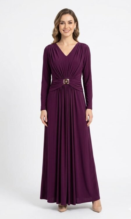 Wine Elegant Shimmering Maxi Dress with Golden Buckle
