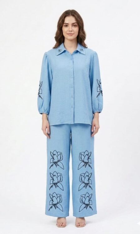 Sky Blue Embroidered Cord Set