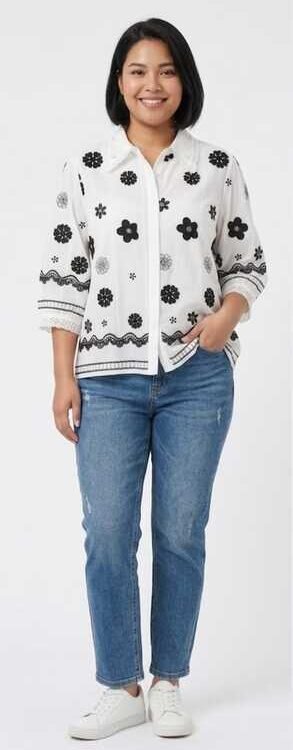 White and Black Floral Schiffli Top