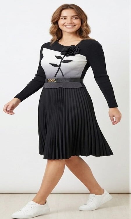 Black and Grey Pleated Knit Midi