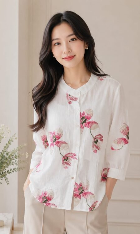 pink and ivory floral shirt