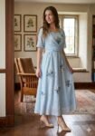 powder blue wrap-accent midi dress