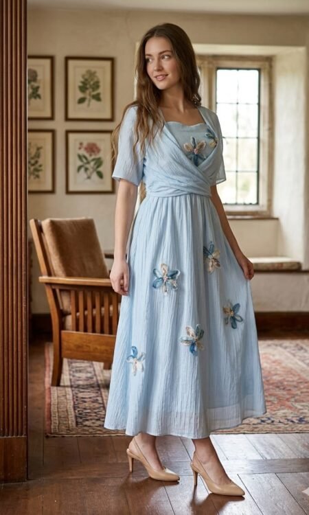 powder blue wrap-accent midi dress