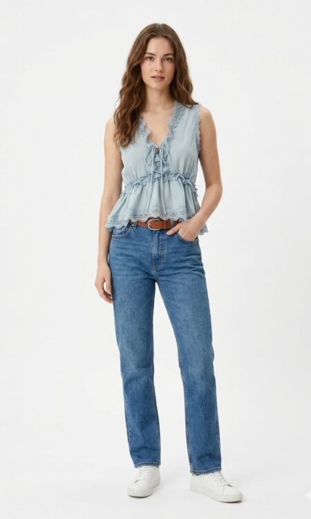 intricate floral lace sky blue top