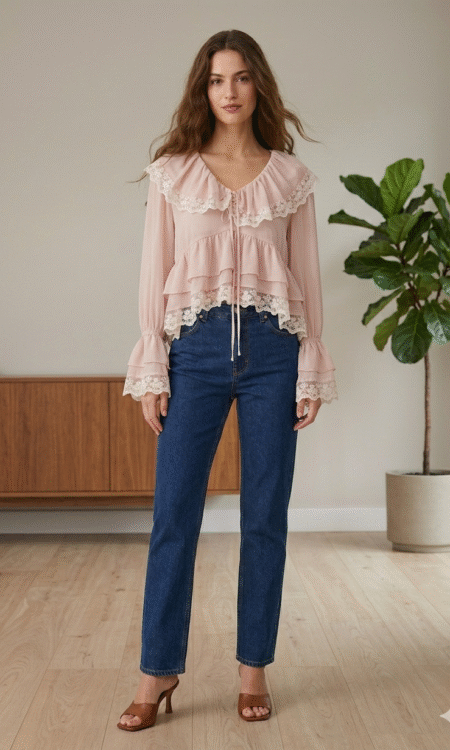 tiered flared cuffs soft pink top