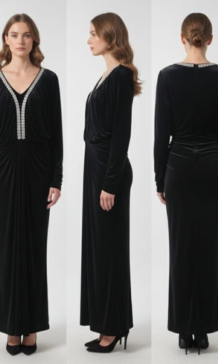 Premium Midnight Black Velvet Ruched Evening Gown