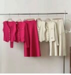 Premium Rib-Knit 3-Piece Waistcoat, Cardigan & Pleated Skirt Set