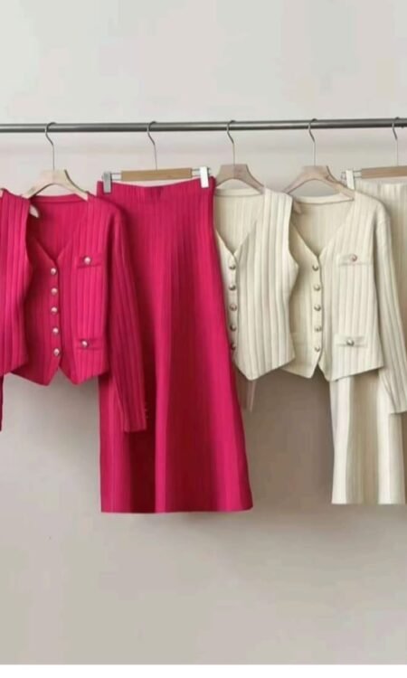 Premium Rib-Knit 3-Piece Waistcoat, Cardigan & Pleated Skirt Set