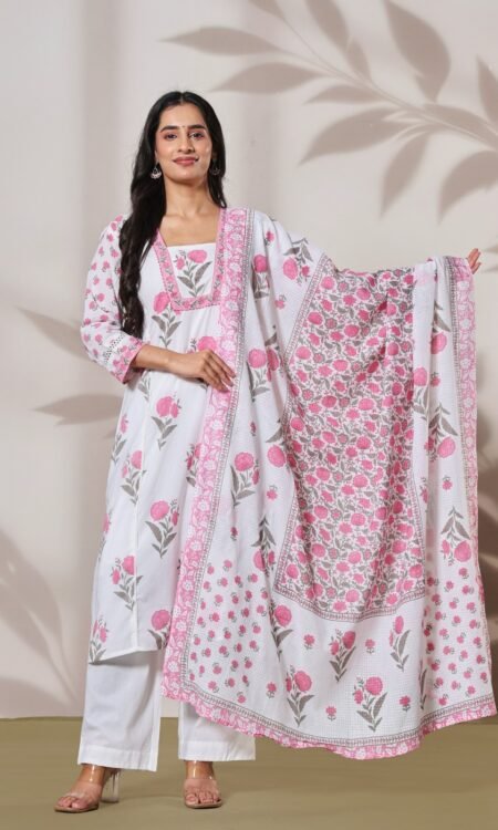 pink and white cotton suit set