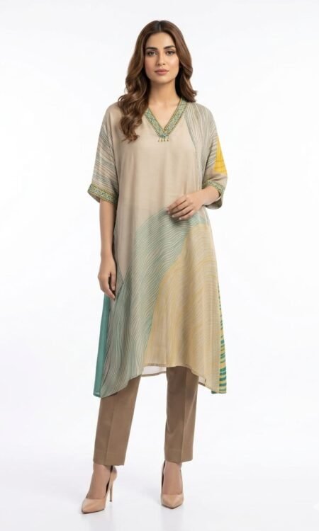 Premium Sandy Beige Whimsical Waves Kaftan Tunic