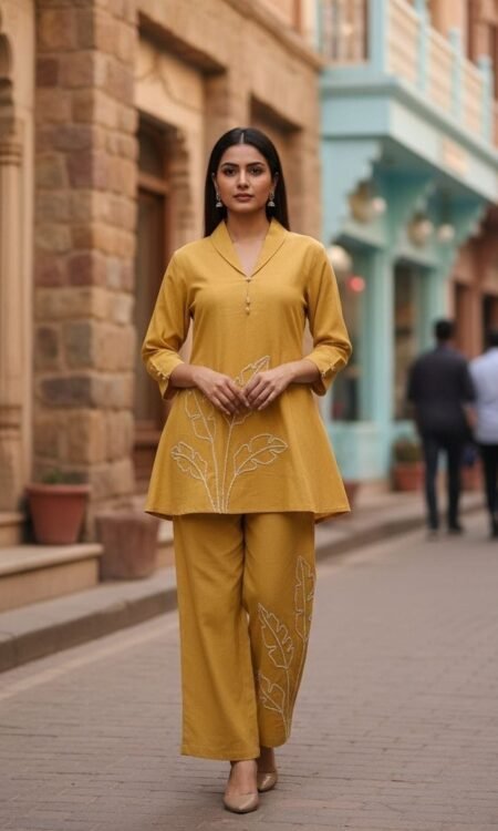 mustard yellow two-piece cotton coordinated set